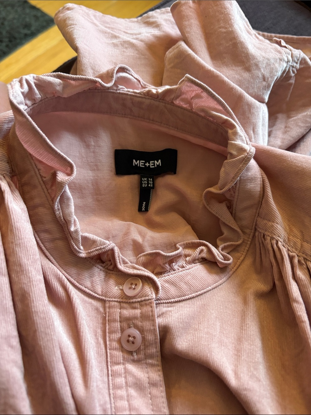 ME+EM Micro Cord Super Soft Pink Ruffle-Neck Button-Front Shirt - Picture 8 of 11